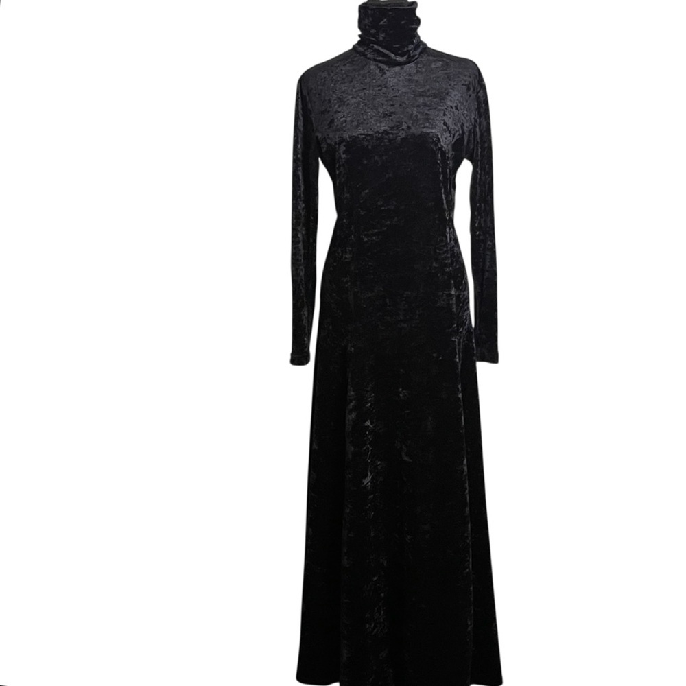 Vintage Bonnie Strauss Black Crushed Velvet Maxi Mock Neck Dress Size Large